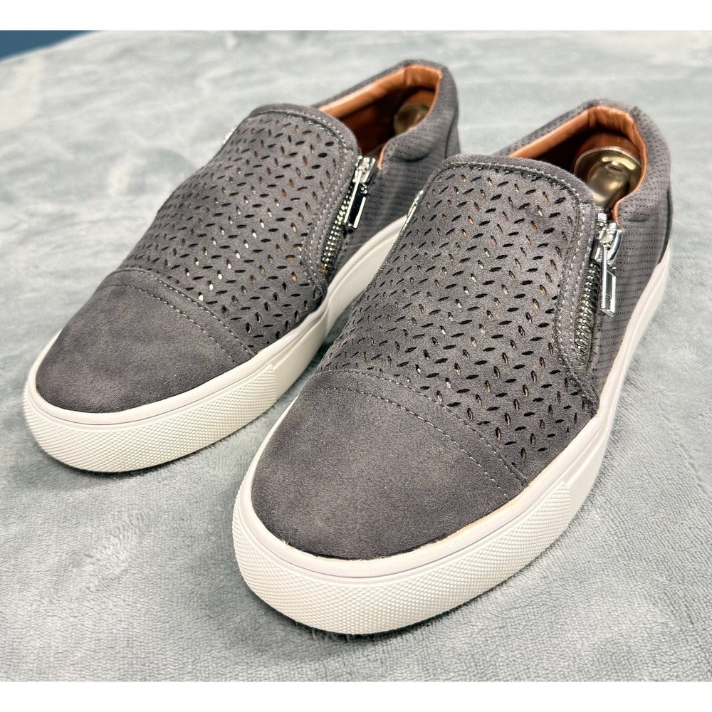 Report Alexa Womens 7.5 Gray Slip On Sneakers Perforated Zip Suede